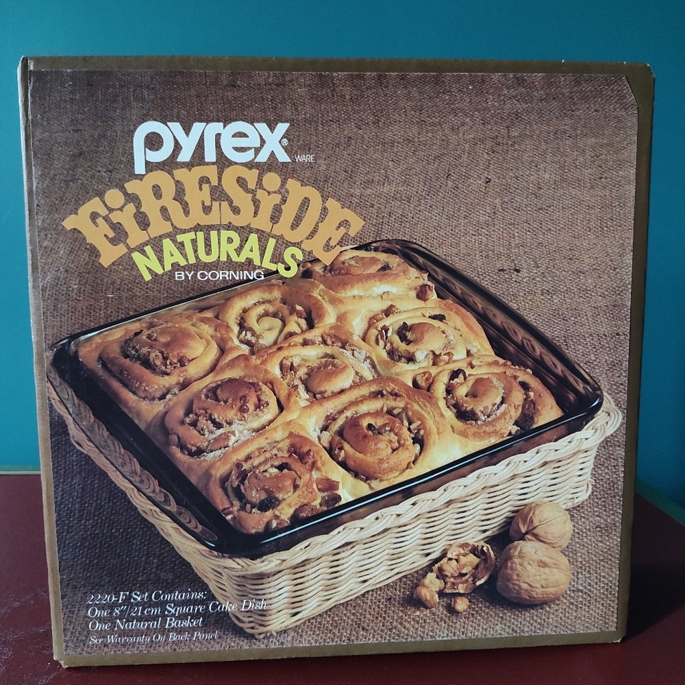 Vintage Pyrex Corning Fireside Dish and Rattan Basket